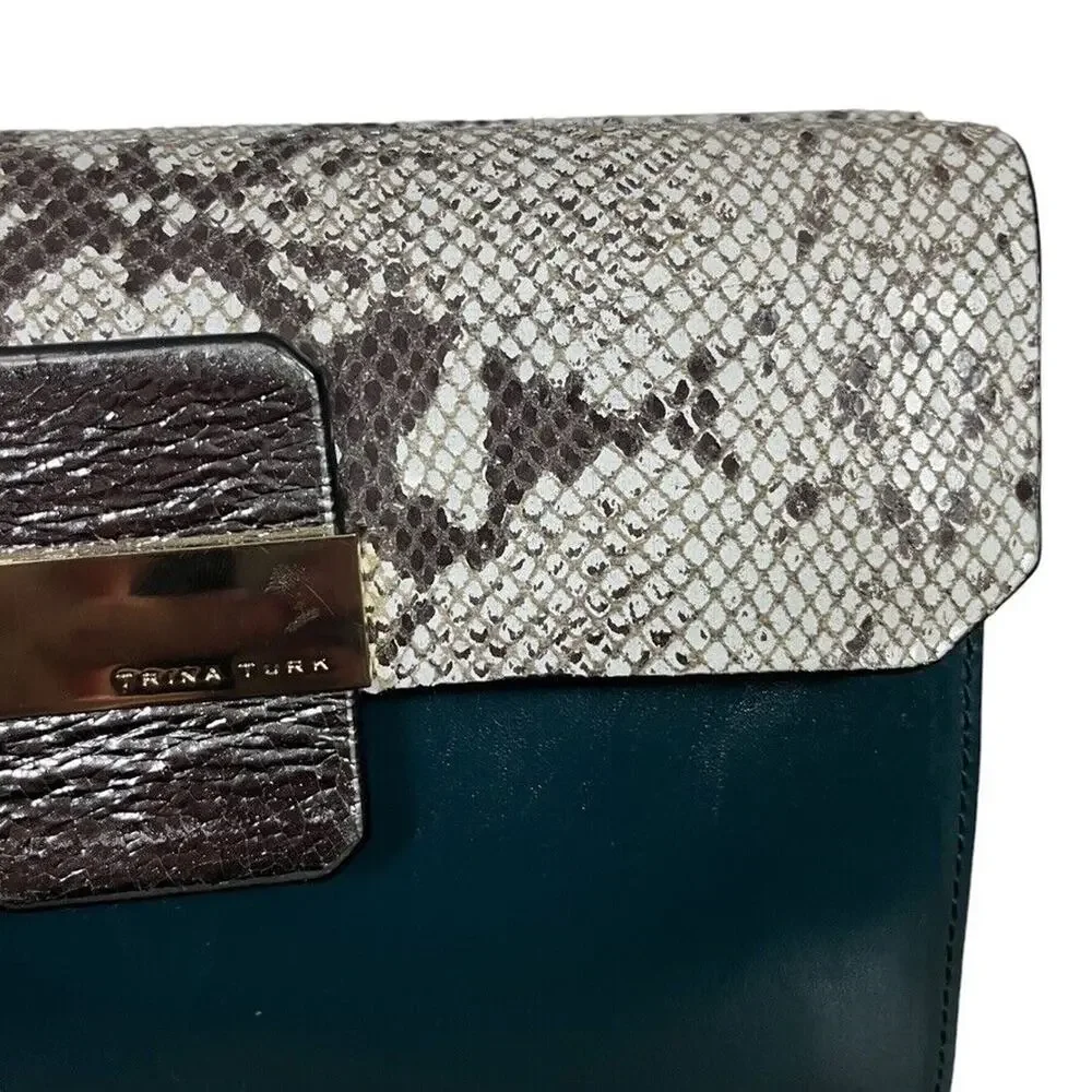 Trina Turk Womens Leather Handbag Teal Snakeskin Purse Flap Pocket Silver Gold